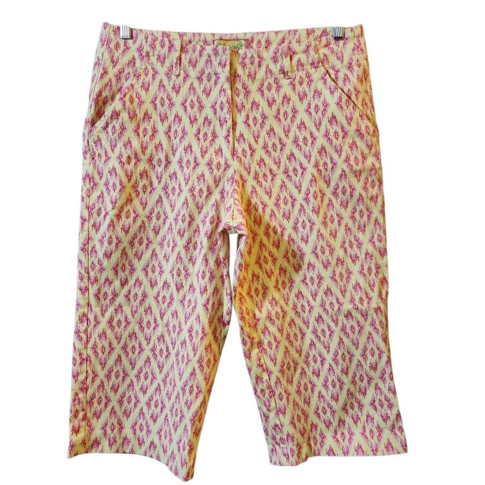 Lilly & Van Womens Capri Pants Size L Yellow Pink Diamond High Rise Tapered